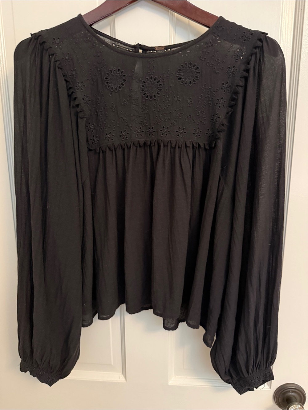 Free People Black Eyelet Yoke Peasant Blouse
